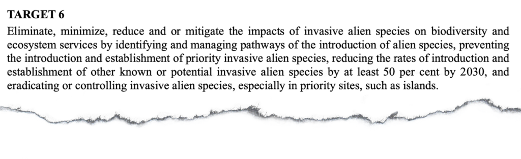 Target 6 sets out the need to identify and prevent the introduction of invasive alien species